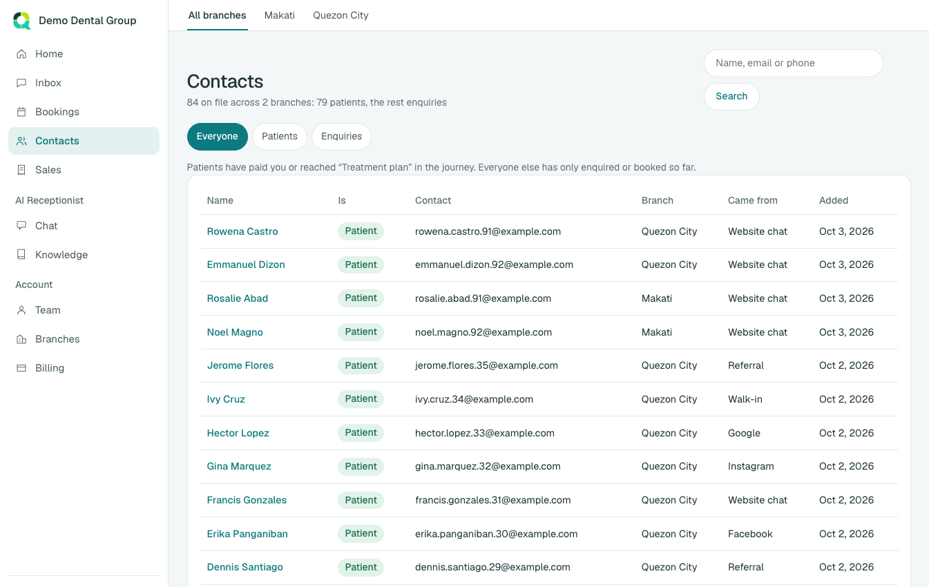 The contacts screen listing patients and enquiries