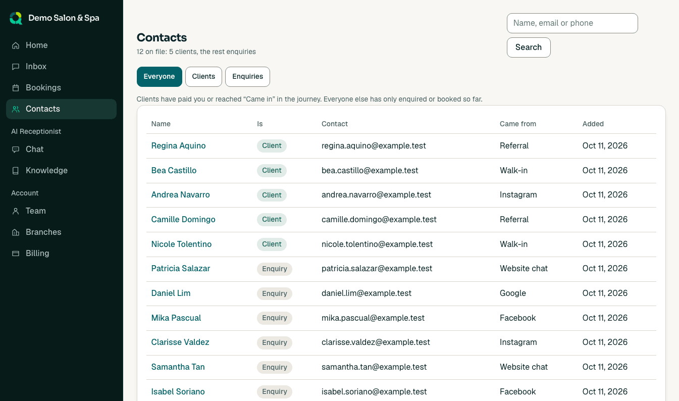 The contacts list for a sample salon, showing which clients came from referral, walk-in, Instagram, Facebook, Google and website chat