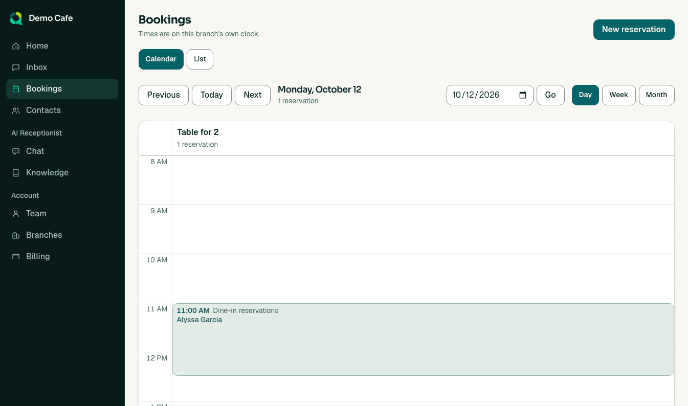 The bookings calendar for a sample café, showing a dine-in reservation at 11:00 AM